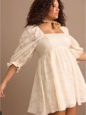 ARULA Cream Square-Neck Floral Burnout Puff-Sleeve babydoll Mini Dress